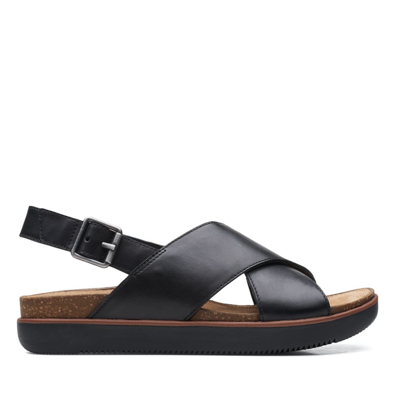 Black Clarks Elayne Cross Leather Women's Sandals | 41958-GRKU