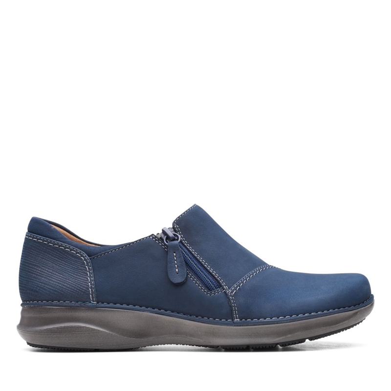 Navy Clarks Appley Zip Nubuck Women's Loafers | 48065-HGKZ