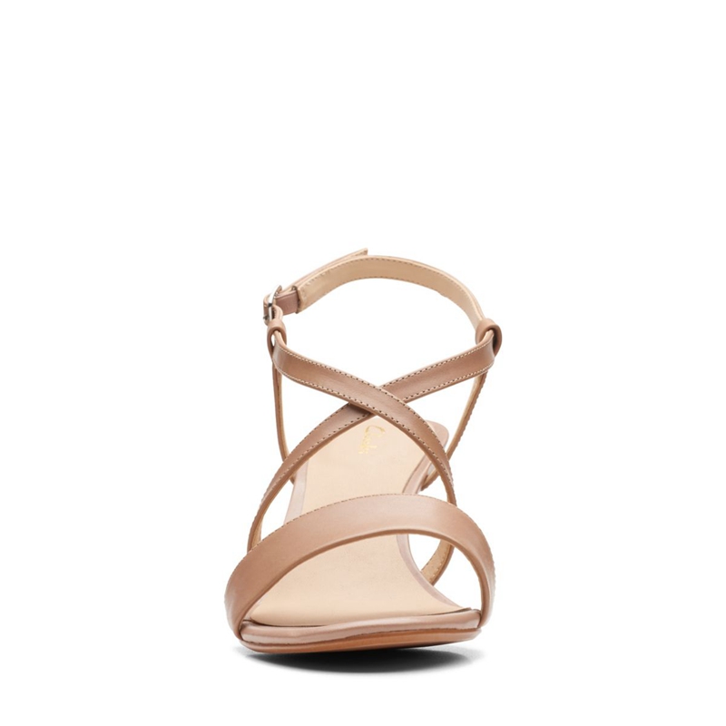 Beige Clarks Amali Buckle Praline Leather Women's Heels Sandals | 17604-VHSP