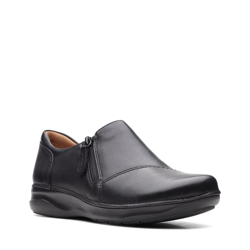 Black Clarks Appley Zip Leather Women's Loafers | 47195-GCQE