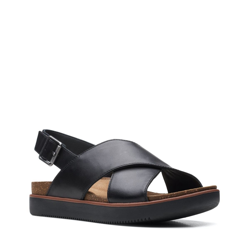 Black Clarks Elayne Cross Leather Women's Sandals | 41958-GRKU