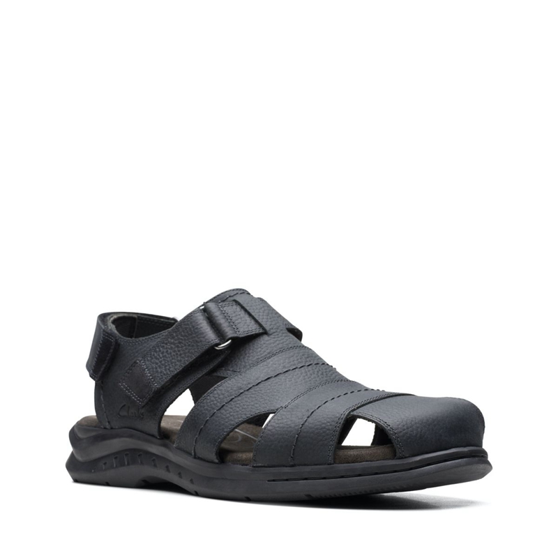 Black Clarks Hapsford Cove Blk Tumbled Lea Men's Sandals | 17098-TBGL