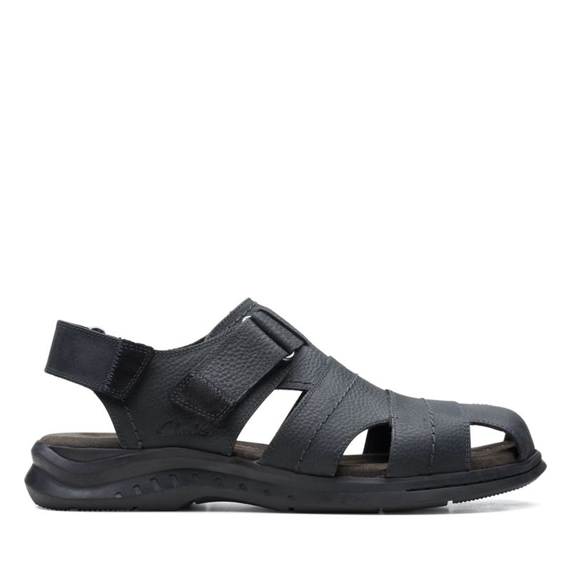 Black Clarks Hapsford Cove Blk Tumbled Lea Men\'s Sandals | 17098-TBGL