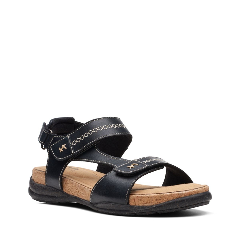 Black Clarks Roseville Mae Leather Women's Sandals | 62053-JLQF