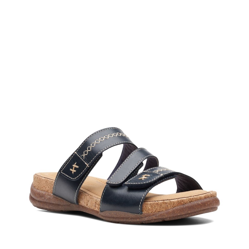 Navy Clarks Roseville Bay Leather Women's Sandals | 95601-TZNR